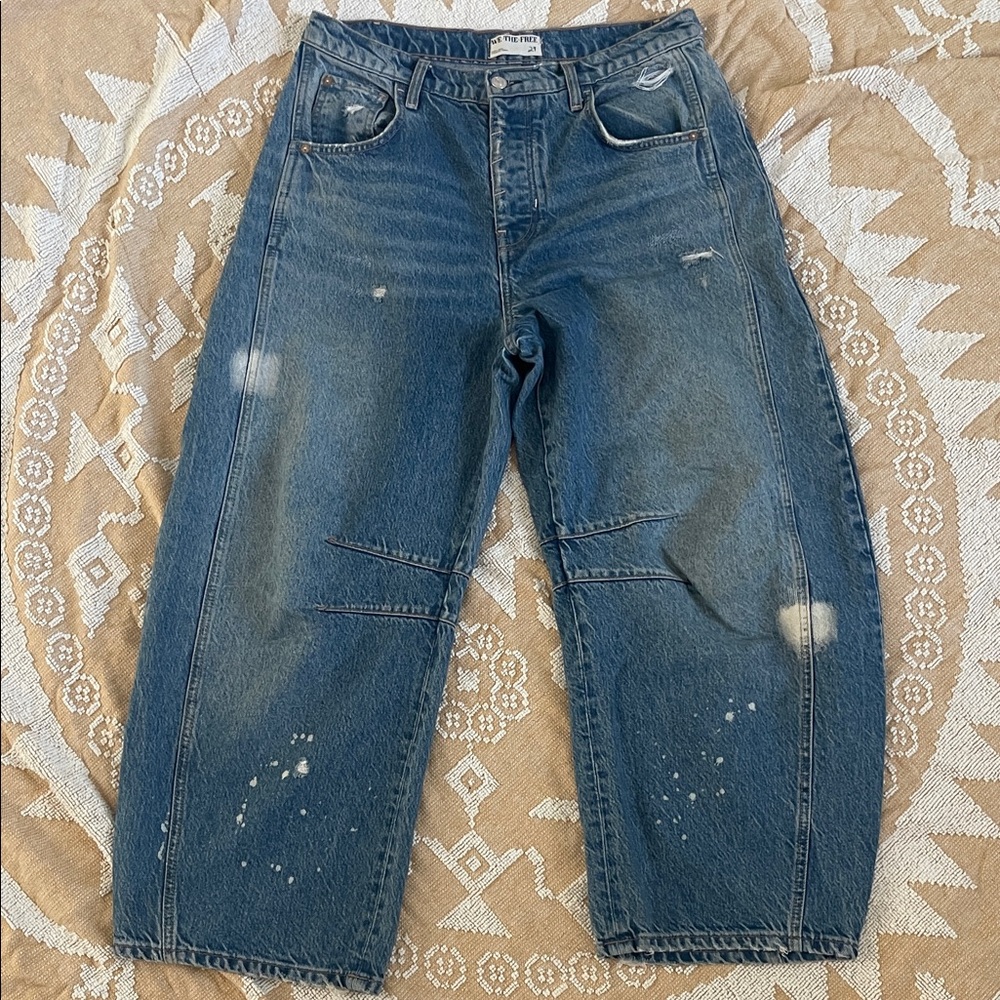 Free People Washed Blue Distressed Wide-Leg Jeans